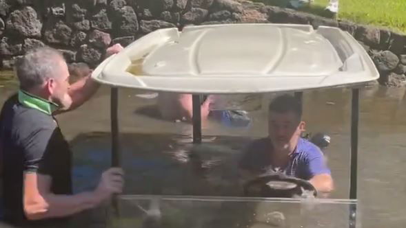 WATCH: Golf trip off to shocking start after golf cart finds the water!